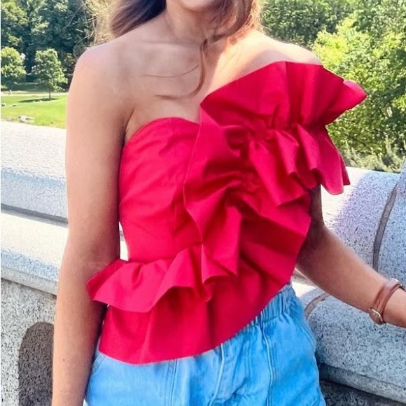 Zara Tops - Zara Red Ruffled Off-Shoulder Bodysuit